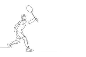 One continuous line drawing of young badminton player hit shuttlecock with racket. Competitive sport concept. Dynamic single line draw design vector illustration for tournament match promotion poster