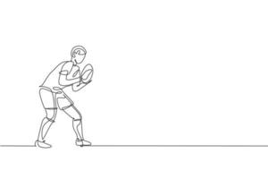 One continuous line drawing of young man rugby player catch the ball at match. Competitive aggressive sport concept. Dynamic single line draw design vector illustration for tournament promotion media