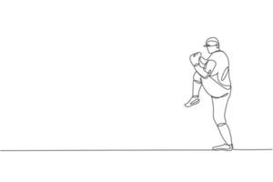 un dibujo de línea continua de la práctica del lanzador de béisbol de un joven deportista para golpear la pelota. concepto de deporte competitivo. gráfico dinámico de ilustración vectorial de diseño de dibujo de una sola línea para cartel de promoción vector