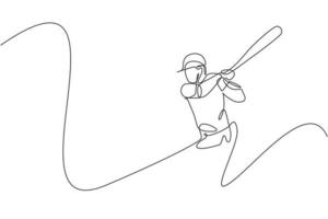 One continuous line drawing of young sporty man baseball player exercise to hit the ball. Competitive sport concept. Dynamic single line draw design vector graphic illustration for promotion poster