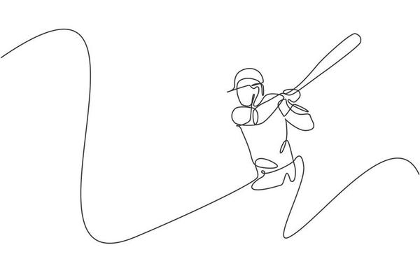 One continuous line drawing of young sporty man baseball player exercise to hit the ball. Competitive sport concept. Dynamic single line draw design vector graphic illustration for promotion poster