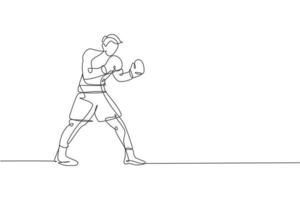 Single continuous line drawing of young agile man boxer stance confidence at sport gym. Fair combative sport concept. Trendy one line draw design vector illustration for boxing game promotion media