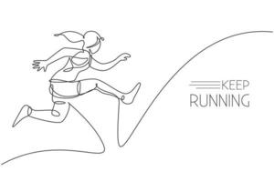 One single line drawing of young energetic woman runner practicing to jump while run vector illustration. Healthy sport training concept. Modern continuous line draw design for running race banner