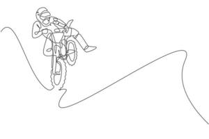 One continuous line drawing of young motocross rider jumping fly acrobatic at race track. Extreme sport concept. Dynamic single line draw design vector illustration for motocross competition poster