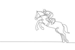 un dibujo de línea continua del joven jinete en acción. entrenar equinos para saltar en la pista de carreras. concepto de competición deportiva ecuestre. Ilustración de vector gráfico de diseño de dibujo de línea única dinámica