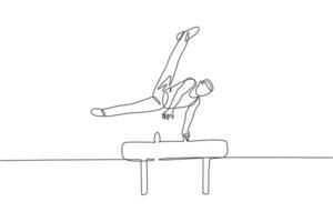 One continuous line drawing of young man exercising pommel horse at gymnastic. Gymnast athlete in leotard. Healthy sport and active concept. Dynamic single line draw design vector illustration graphic