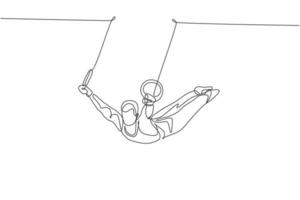 dibujo de una sola línea continua joven y apuesto gimnasta profesional que realiza un movimiento acrobático. concepto de entrenamiento y estiramiento de anillos constantes. Ilustración de vector gráfico de diseño de dibujo de una línea de moda