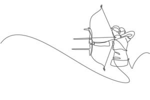 un dibujo de una sola línea de una joven arquera centrada en el ejercicio de tiro con arco para alcanzar la ilustración vectorial gráfica objetivo. tiro de actualización saludable con el concepto de deporte de arco. diseño moderno de dibujo de línea continua vector