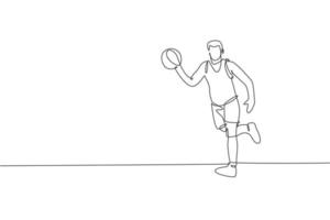 Single continuous line drawing of young healthy basketball player dribbling ball. Competitive sport concept. Trendy one line draw design vector illustration for basketball tournament promotion media