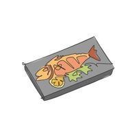 un dibujo de una sola línea de delicioso pescado de salmón al horno fresco y sabroso en la ilustración vectorial del logotipo de la placa caliente. menú de cafetería de mariscos y concepto de placa de restaurante. diseño de comida callejera de dibujo de línea continua moderna