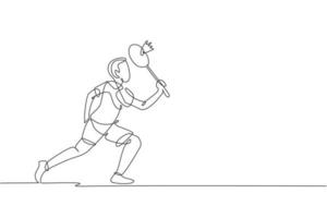 Single continuous line drawing of young agile badminton player take a hit from opponent. Sport training concept. Trendy one line draw design vector illustration for badminton tournament publication