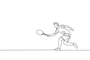 One continuous line drawing of young happy tennis player hold opponent smash hit. Competitive sport concept. Dynamic single line draw design graphic vector illustration for tournament promotion poster