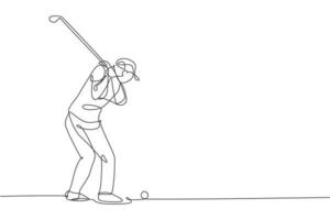 One continuous line drawing of young golf player swing golf club and hit the ball. Leisure sport concept. Dynamic single line draw design vector illustration graphic for tournament promotion media