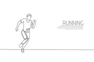 Single continuous line drawing of young agile man runner try to reach finish. Individual sport and competition concept. Trendy one line draw design vector illustration for running tournament promotion