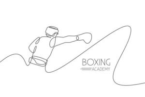 One single line drawing of young energetic man boxer practicing punch action vector illustration. Sport combative training concept. Modern continuous line draw design for boxing championship banner