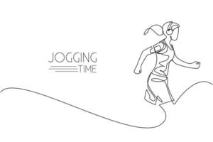 One single line drawing of young energetic woman runner run relax with music from smartphone vector illustration. Healthy sport training concept. Modern continuous line draw design for running banner