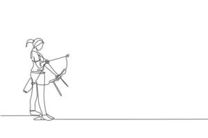 One single line drawing of young archer woman focus exercising archery to hit target graphic vector illustration. Healthy refresh shooting with bow sport concept. Modern continuous line draw design