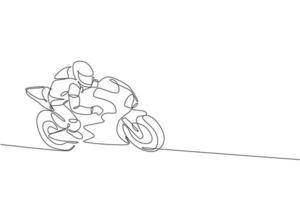 un dibujo de línea continua de un joven motociclista practicando para mejorar la velocidad de la bicicleta. Ilustración de vector de concepto de carreras de super bicicleta. diseño dinámico de dibujo de una sola línea para el cartel de promoción de carreras de motos