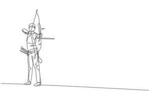 One continuous line drawing of young archer man pulling bow to shooting an archery target. Archery sport training and exercising concept. Dynamic single line draw design vector illustration graphic