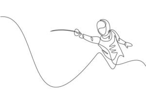 One single line drawing of young woman fencer athlete in fencing costume exercising motion on sport arena vector illustration. Combative and fighting sport concept. Modern continuous line draw design