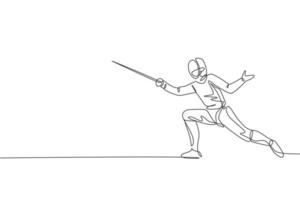 One single line drawing of young man fencer athlete in fencing costume exercising motion on sport arena vector illustration. Combative and fighting sport concept. Modern continuous line draw design