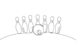 One continuous line drawing of bowling pins lined up at bowling lane. Healthy sport logo, icon and symbol concept. Dynamic single line draw design graphic vector illustration