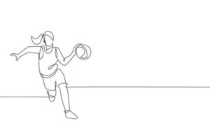 un dibujo de línea continua de una joven jugadora de baloncesto corriendo y regateando una pelota. concepto de deporte de equipo competitivo. gráfico dinámico de ilustración vectorial de diseño de dibujo de una sola línea para póster deportivo vector