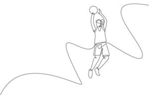 un dibujo de una sola línea de un joven jugador de baloncesto enérgico saltando y disparando una ilustración vectorial de pelota. concepto de deporte saludable. diseño moderno de dibujo de línea continua para la pancarta del torneo de baloncesto vector