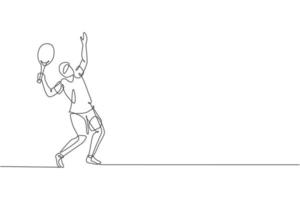 un dibujo de línea continua de un joven tenista feliz haciendo servicio y golpeando la pelota. concepto de deporte competitivo. ilustración de vector de diseño de dibujo de línea única dinámica para cartel de promoción de torneo