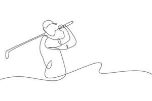 One continuous line drawing of young golf player swing golf club and hit the ball. Leisure sport concept. Dynamic single line draw design graphic vector illustration for tournament promotion media