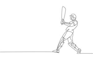 Single continuous line drawing of young agile man cricket player successfully hit the ball at field vector illustration. Sport exercise concept. Trendy one line draw design for cricket promotion media