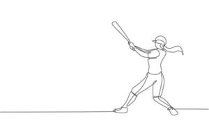 un dibujo de una sola línea de una joven y enérgica jugadora de béisbol que practica para golpear la ilustración vectorial de la pelota. concepto de entrenamiento deportivo. diseño moderno de dibujo de línea continua para la pancarta del torneo de béisbol