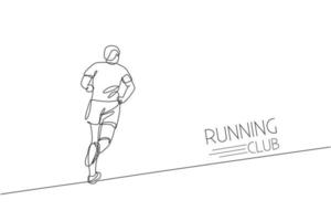 Single continuous line drawing of young agile man runner run relax on stadium track, rear view. Healthy lifestyle concept. Trendy one line draw design vector illustration for running race promotion