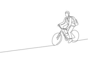 One continuous line drawing of young professional manager man cycling ride bicycle to his office. Healthy working urban lifestyle concept. Dynamic single line draw design graphic vector illustration