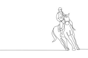 One single line drawing of young horse rider man performing dressage running test graphic vector illustration. Equestrian sport show competition concept. Modern continuous line draw design