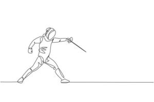 One continuous line drawing of young man fencing athlete practice fighting on professional sport arena. Fencing costume and holding sword concept. Dynamic single line draw design vector illustration