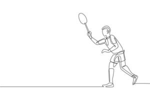 un dibujo de línea continua de un joven jugador de bádminton listo para tomar el servicio del oponente. concepto de ejercicio deportivo. ilustración de vector de diseño de dibujo de línea única dinámica para cartel de promoción de partido de torneo