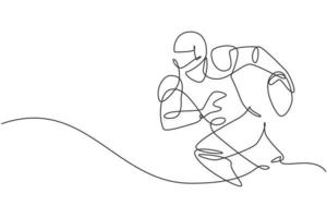 Single continuous line drawing of young agile man american football player running while hold the ball for competition media. Sport exercise concept. Trendy one line draw design vector illustration