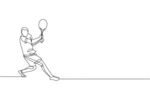 One continuous line drawing young happy tennis player defense and hit the ball. Competitive sport concept. Dynamic single line draw design vector illustration graphic for tournament promotion poster