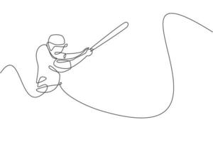 dibujo de una sola línea continua de un joven jugador de béisbol ágil que golpeó el jonrón de la pelota con tanta fuerza. concepto de ejercicio deportivo. ilustración vectorial de diseño de dibujo de una línea de moda para los medios de promoción del béisbol vector