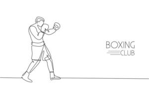 One continuous line drawing of young sporty man boxer improve defense skill. Competitive combat sport concept. Dynamic single line draw design vector illustration for boxing match promotion poster
