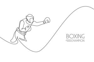 One single line drawing of young energetic man boxer practice his hook punch vector illustration. Sport combative training concept. Modern continuous line draw design for boxing championship banner