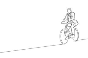 One single line drawing of young happy professional startup employee man ride bicycle to the coworking space vector illustration. Healthy commuter lifestyle concept. Modern continuous line draw design