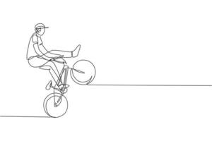 One continuous line drawing of young BMX bicycle rider performing dangerous trick at skatepark. Extreme sport concept vector illustration. Dynamic single line draw design for event promotion poster