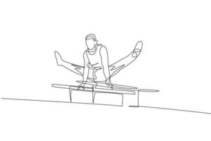 Single continuous line drawing young handsome professional gymnast man perform acrobatic motion. Parallel bars training and stretching concept. Trendy one line draw design vector graphic illustration
