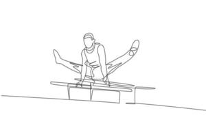 dibujo de una sola línea continua joven y apuesto gimnasta profesional que realiza un movimiento acrobático. concepto de entrenamiento y estiramiento de barras paralelas. ilustración gráfica de vector de diseño de dibujo de una línea de moda