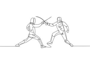 One single line drawing of two men fencer athlete in fencing costume exercising motion on sport arena vector illustration. Combative and fighting sport concept. Modern continuous line draw design