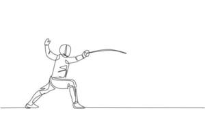 Single continuous line drawing of young professional fencer athlete woman in fencing mask and rapier. Competitive fighting sport competition concept. Trendy one line draw design vector illustration