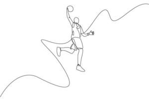 One single line drawing of young energetic basketball player jumping throw the ball vector illustration. Sports competition concept. Modern continuous line draw design for basketball tournament poster