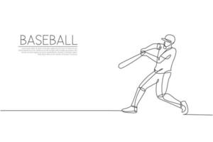 dibujo de una sola línea continua de la práctica de un joven jugador de béisbol ágil para golpear la pelota en el campo. concepto de ejercicio deportivo. ilustración vectorial de diseño de dibujo de una línea de moda para los medios de promoción del béisbol vector